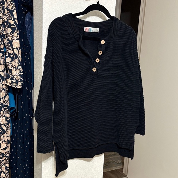 FP Beach Tops - Free People Women's Black Waffle-Knit Henley Pullover Sweater